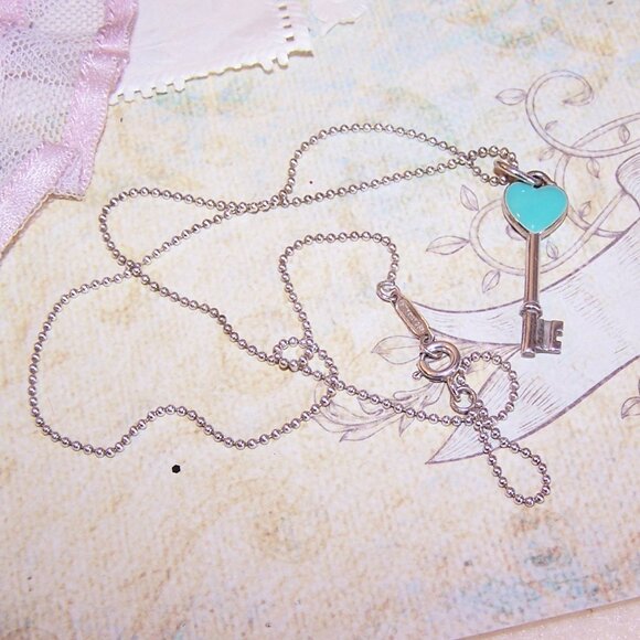 Tiffany & Co Sterling Silver 16" Bead Chain with Blue Enamel Key Pendant - Picture 5 of 9